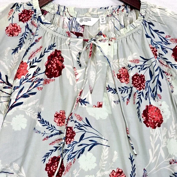 Candace Cameron Women’s Blouse Cap Flutter Sleeve Tie Front Floral Sage Medium - Picture 5 of 6